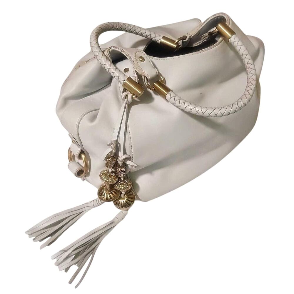Vintage Italian white leather Antonio Melani lg handbag tote Y2K beads tassels